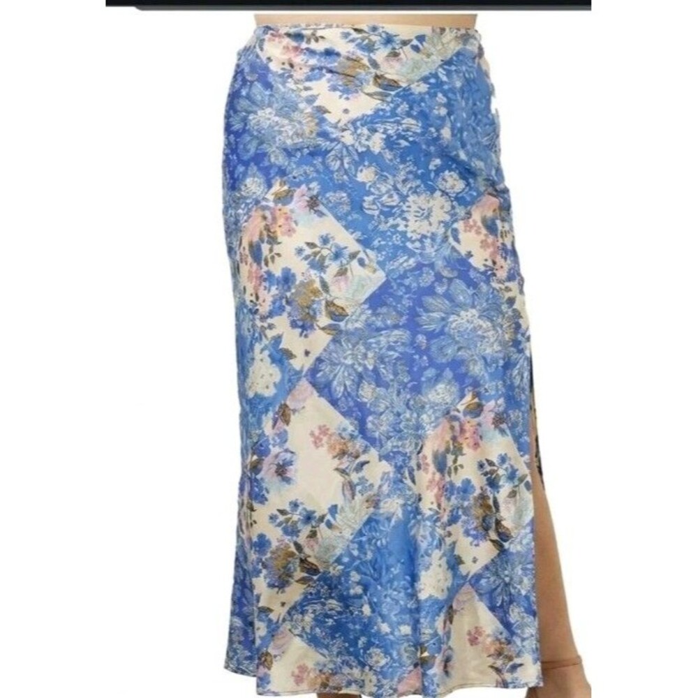 BaeVely Floral Patchwork Satin Maxi Skirt Size 1X Side Slit Floral Y2K Romantic